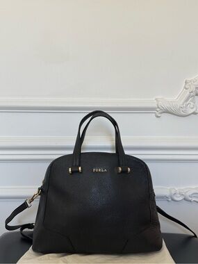 Furla Michelle Black Pebbled Leather Dome Satchel with Gold Hardware